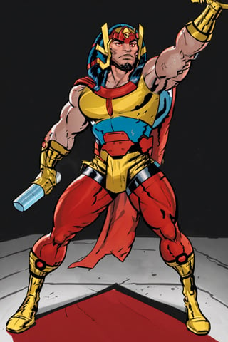4K UHD illustration,  upscaled professional drawing HDR,  athletic built male,  metalic chrome skinned (:1.9) (full body) standing_up,  skin tight form fitting red shorts, detailed muscular arms,  red wrist pads, detailed red boots with yellow trim (:1.8) stern expression,  handsome male focus,  unshaven,  reflective chrome themed skin (:1.9) intense all white eyes (:1.8) steel black hair, dynamic gradient b, 300dpi,  upscaled,  masterpiece (:1.9) 8K UHD,  centered,  vibrancy,  sharp focus 
(1man),comic book,CARTOON_DC_big_barda_ownwaifu