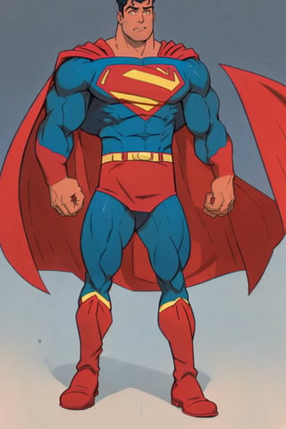 4K UHD illustration,  upscaled professional drawing HDR,  athletic built male,  full_body image,  standing,  hands on hips, looking_at_the_viewer,  intense red glowimg eyes (:1.9) handsome male focus,  unshaven,  slicked_back_hair, stern expression with gritted teeth,  detailed superman costume,  red flowing cape, red boots with yellow trim,  detailed stylized superman logo on chest, detailed muscular arms,  centered,  dynamic,  detailed,  upscaled,  masterpiece,  300dpi,  dynamic background ,1male