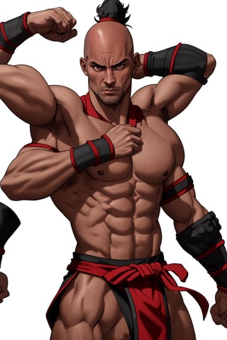 4K UHD illustration,  upscaled professional drawing HDR,  athletic built male,  stern menicing expression (:1.9) , red eyes, bald head, tight black high ponytail (:1.7) muscular male focus,  4 arms (:1.9) large pectorals,  action pose, 3 fingers on each hand (:1.9) red loincloth (:1.6) blank background,  300dpi,  upscaled 8K,  masterpiece (:1.9) mortal kombat goro themed 
ExtraArms