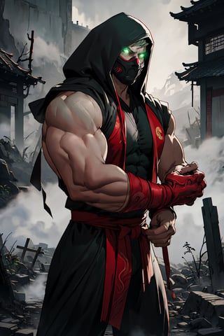 4K UHD illustration, upscaled professional drawing HDR, athletic built male,  form fitting black bodysuit under red ninja costume (:1.9) detailed muscular arms, black hooded costume,  stern expression, detailed mortal kombat themed red ninja mask (:1.9) full-body_portrait (:1.9) red mismatched shin and wrist pads, handsome man,Pectoral Focus, at an abandoned graveyard backdrop, real life, 300dpi,  upscaled 8K, masterpiece,  finest quality art,  perfect anatomy,  perfect hands, swirling eerie green smoke, sharp focus, grey skin tone, focus on red ninja costume, green glowing aura,  intense green eyes (:1.9) zscrp,zxsmk