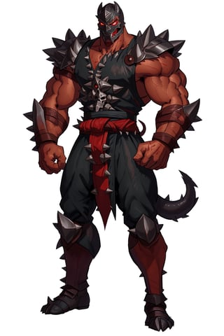 4K UHD illustration,  upscaled professional drawing HDR,  tall muscular built male (:1.9) large pectorals, 
 bare chested, (scale) skin tone (:1.9) detailed veiny muscular arms,  sharp clawed fingers (:1.9) giant battle hammer in hand (:1.9) sharp spiked wrist and shin pads (:1.8) detailed leather belt and torn loincloth, blood splatter costume (:1.7)  shoulder armor (spikes) demon (skull themed) helmet (:1.7) standing, snarling showing sharp teeth (demon like facial features) menicing grin, intense red eyes, minimal armor,  standing, clawed toes,  looking_at_viewer,  blank background,  300dpi,  upscaled 8K,  masterpiece (:1.9) sharp-focus,  centered,  finest quality art 
(1man), scaled skin (no tail) ,zrpt