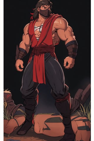 4K UHD illustration,  upscaled professional drawing HDR,  athletic built male,  stern expression,  detailed muscular body,  male focus (:1.8) large pectorals, long black hair, red bandana (:1.9) eyebrows visible through hair, intense brown eyes,  looking away from viewer (:1.2) (mortal kombat themed) (:1.9) tight black and red pants, black boots, detailed background,  full_body image,  standing,  intense,  300dpi,  upscaled,  masterpiece (:1.9) centered  
(1man),muscular,zxcrx,zscrp,zrpt,zbzr,mklkng,(1man),zxsmk