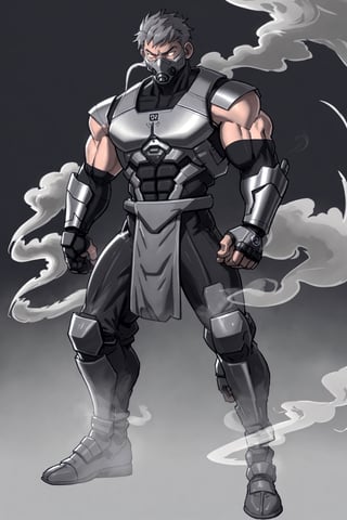 4K UHD illustration,  upscaled professional drawing HDR, athletic built male,  full_body image,  standing,  form fitting tight grey mechsuit with bionic inlays (:1.7) detailed grey metal wrist and shin pads,  black pants,  battle stance,  looking away from viewer,  glowing white eyes, body eminating  swirling smoke from exhaust ports (:1.4) dynamic detail, smokey background, epic background,  centered,  vibrancy,  300dpi,  upscaled,  masterpiece 
(1man),zxcrx,zxsmk