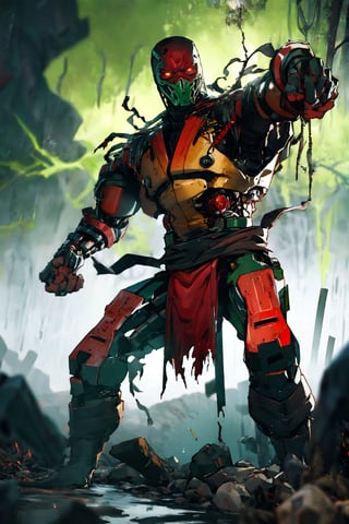 4K UHD illustration, upscaled professional drawing HDR, handsome man, male focus (:1.9) detailed costume, pectoral focus, real life, Ermac from Mortal Kombat, full-body_portrait, red ninja costume, muscular male, detailed muscular arms, dynamic torn red loincloth, standing, dynamic, eerie graveyard setting,  perfect fists, thunderstorm atmosphere,  intense green eyes,  300dpi,  upscaled 8K,  masterpiece,  finest quality art,  perfect anatomy, focus on Ermac's red costume, with a red and white ninja mask and costume and green glowing eyes (:1.9) swamp background ,zscrp, swirling green smoke emanating from hands (:1.9) ,zrpt, thunder strike in background (:1.9) ,ghostrider,T800Endoskeleton