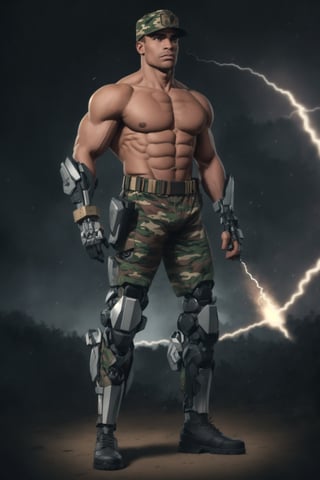 4K UHD illustration,  upscaled professional drawing HDR,  athletic built  african american male (:1.9) black army boots, army camo pants (:1.7) large pectorals, full body image,  stern expression, handsome male focus, army themed baseball cap (:1.8) focus on intricately-detailed metal bionic robot themed arms  (:1.9) with bionic inlays (:1.9) standing,  eyebrows,  unshaven,  300dpi,  upscaled,  masterpiece (:1.9) centered, dynamic lightning background,  vibrant, (1man),muscular