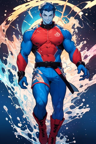 4K UHD illustration, upscaled professional drawing HDR, sexy handsome Man,perfect pectoral, real life, yellow circle logo the chest (:1.9) form fitting irridecent blue (full length) bodysuit (:1.9) detailed black belt, red shorts (:1.9) red hero boots, full-body_portrait (:1.9) vibrant green stylized short hair (:1.9), intense blue eyes (:1.9) perfect anatomy,  detailed muscular arms, smirking smile,  eyebrows,  blue tined skin, standing,  looking-into-camera,  dynamic cosmos backdrop (:1.9) vibrant,  300dpi,  upscaled 8K,  masterpiece (:1.9) perfect anatomy,  perfect hands, finest quality art ,blue skin, captain planet (:1.9) ,waterdress