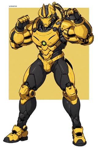 4K UHD illustration,  upscaled professional drawing HDR, athletic built male,  full_body image,  standing,  form fitting tight yellow mechsuit with bionic inlays (:1.7) detailed yellow metal wrist and shin pads,  black pants,  battle stance,  looking away from viewer,  glowing green eyes,  dynamic detail,  epic background,  centered,  vibrancy,  300dpi,  upscaled,  masterpiece 
(1man),zxcrx