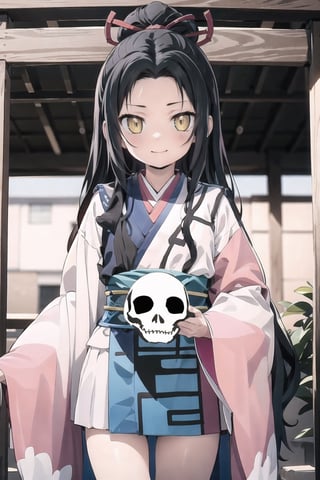 // define,
(masterpiece),illustration,8k,ray tracing,best detailed,Clear picture,highlight,

// character,
Kyoukotsu's_daughter, black hair, long hair, wave hair,yellow eyes, cowboy shot,kimono,forehead,Grinning,
looking at viewer,
skull,
bisyoujo,lady,
tsurime eyes,
oval face,

// other,
cowboy shot,

// background,
japan architecture,
looking at viewer,YayaNanto