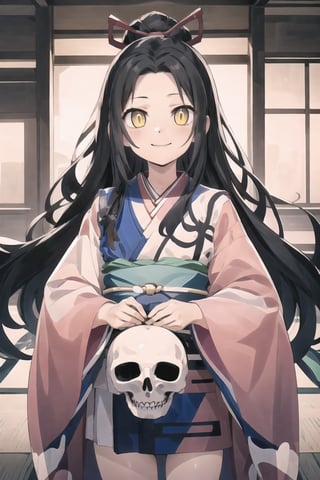 // define,
(masterpiece),illustration,8k,ray tracing,best detailed,Clear picture,highlight,

// character,
Kyoukotsu(daughter), black hair, long hair, wave hair,yellow eyes, cowboy shot,kimono,forehead,Grinning,
skull,holding skull,
bisyoujo, tsurime eyes,

// other,
cowboy shot, looking at viewer,

// background,
japan architecture,
looking at viewer,