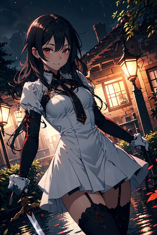 4k, high quality, masterpiece, beautiflu girl, (princess knight)++, black hair, red eyes, long sleeves, (holding western sword)++, rainny background, fantasy, impish grin, dutch angle, outside, nature, leaves in wind, white gloves, outdoors, not expression, wind+, thighhighs under boots, lace trim, ero, dress with slit, long hair, cool beauty, night background 