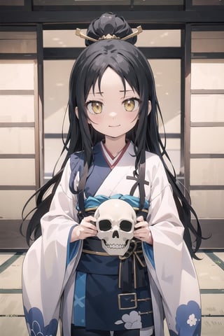 // define,
(masterpiece),illustration,8k,ray tracing,best detailed,Clear picture,highlight,

// character,
Kyoukotsu's_daughter, black hair, long hair, wave hair,yellow eyes, cowboy shot,kimono,forehead,Grinning,
looking at viewer,
skull,
bisyoujo,lady,
tsurime eyes,
oval face,

// other,
cowboy shot,

// background,
japan architecture,
looking at viewer,YayaNanto