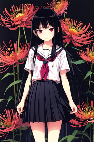 Enma Ai, 1girl, long hair, solo, flower, black hair, red eyes, spider lily, hime cut, school uniform, serafuku, black serafuku, skirt,looking at viewer, simple background,