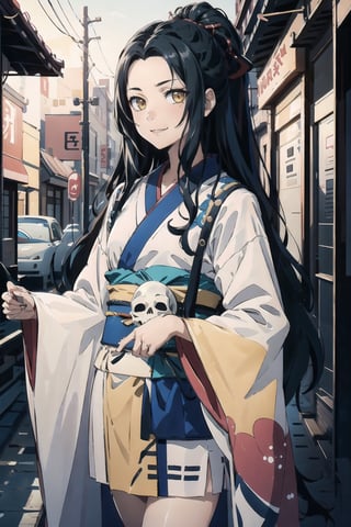 // define,
(masterpiece),illustration,8k,ray tracing,best detailed,Clear picture,highlight,

// character,
Kyoukotsu's_daughter, black hair, long hair, wave hair,yellow eyes, cowboy shot,kimono,forehead,Grinning,
looking at viewer,
skull,
bisyoujo,lady,
tsurime eyes,
oval face,

// other,
cowboy shot,

// background,
japan architecture,
looking at viewer,YayaNanto