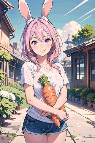 masterpiece, best quality, 1girl, pink hair, purple eyes, gardener outfit, shorts, hugging giant carrot, carrot, happy, rabbit ears, looking at viewer, closed mouth, evil smile
