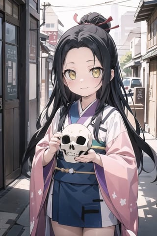 // define,
(masterpiece),illustration,8k,ray tracing,best detailed,Clear picture,highlight,

// character,
Kyoukotsu's_daughter, black hair, long hair, wave hair,yellow eyes, cowboy shot,kimono,forehead,Grinning,
looking at viewer,
skull,
bisyoujo,lady,
tsurime eyes,
oval face,

// other,
cowboy shot,

// background,
japan architecture,
looking at viewer,YayaNanto