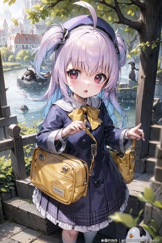 masterpiece,illustration,ray tracing,finely detailed,best detailed,Clear picture,intricate details,highlight,
anime,
gothic architecture,
looking at viewer,
nature,gothic architecture,bird,the lakeside in the heart of the forest,the staircase of the balcony,

NikkeRei,
1girl,upper body,loli,baby,long hair,hat,
yellow bow,yellow bag,
skirt,
NikkePenguin,Penguin,
sitting,best quality