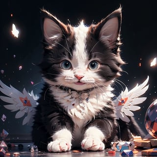 masterpiece, high quality, grainy, extremely detailed, 4k, 8k,dynamic lighting, BREAK , fluffy cat behind purple phcrystal,black cat,smile,wings,