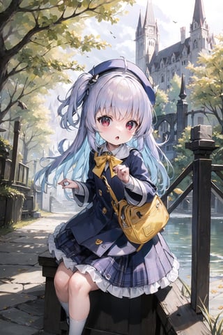 masterpiece,illustration,ray tracing,finely detailed,best detailed,Clear picture,intricate details,highlight,
anime,
gothic architecture,
looking at viewer,
nature,gothic architecture,bird,the lakeside in the heart of the forest,the staircase of the balcony,

NikkeRei,
1girl,upper body,loli,baby,long hair,hat,
yellow bow,yellow bag,
skirt,
NikkePenguin,Penguin,
sitting,best quality