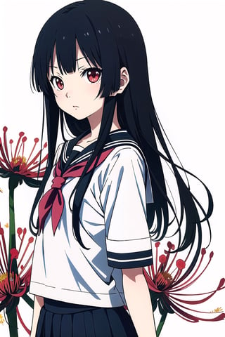 Enma Ai, 1girl, long hair, solo, flower, black hair, red eyes, spider lily, hime cut, school uniform, serafuku, black serafuku, skirt,looking at viewer, simple background,