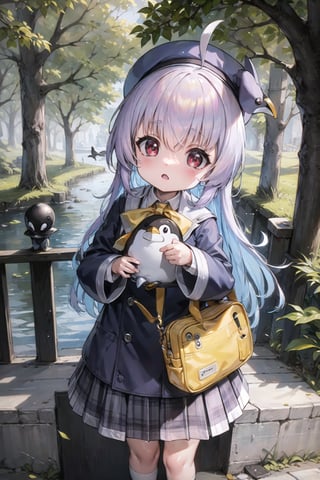 masterpiece,illustration,ray tracing,finely detailed,best detailed,Clear picture,intricate details,highlight,
anime,
gothic architecture,
looking at viewer,
nature,gothic architecture,bird,the lakeside in the heart of the forest,the staircase of the balcony,

NikkeRei,
1girl,upper body,loli,baby,long hair,hat,
yellow bow,yellow bag,
skirt,
NikkePenguin,Penguin,
sitting,best quality