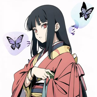 Enma Ai, 1girl, solo, japanese clothes, long hair, butterfly, bug, black hair, kimono, hime cut, bangs, bracelet, blunt bangs, jewelry, black kimono, red eyes,  ,line anime