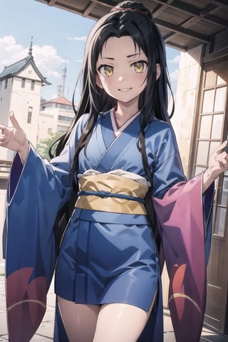 // define,
(masterpiece),illustration,8k,ray tracing,best detailed,Clear picture,highlight,

// character,
Kyoukotsu's_daughter, black hair, long hair, wave hair,yellow eyes, cowboy shot,kimono,forehead,Grinning,
looking at viewer,
skull,
bisyoujo,lady,
tsurime eyes,
oval face,

// other,
cowboy shot,

// background,
japan architecture,
looking at viewer,YayaNanto