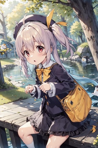 masterpiece,illustration,ray tracing,finely detailed,best detailed,Clear picture,intricate details,highlight,
anime,
gothic architecture,
looking at viewer,

nature,gothic architecture,bird,the lakeside in the heart of the forest,the staircase of the balcony,

NikkeRei,
1girl,loli,baby,long hair,hat,
yellow bow,yellow bag,skirt, cowboy shot,
NikkePenguin,Penguin,A penguin sleeping in its owner's arms,
sitting,