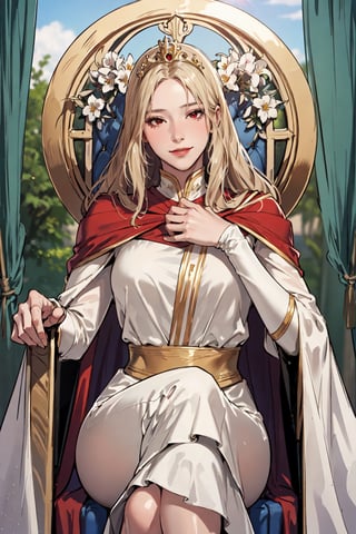 (masterpiece, best quality), 1girl, solo, (the empress:1.15), platinum blonde, long hair, (red cape), Curtain, white dress, queen dress, aurora, (sunshine, sky, river, forest), expressionless, red eyes, very long hair, (art nouveau:1.2), alphonse mucha, tiara, (face focus, upper body), sit, (red throne:1.12), tiara, crossing legs, highly intricate details, realistic light, smile