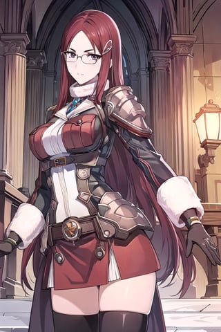 (masterpiece),illustration,8k,ray tracing,finely detailed,best detailed,Clear picture,highlight,

matrue female,milf,
tsurime eyes,
oval face,

gothic architecture,
looking at viewer,
medium breasts,

Minerva_Victor, forehead, red_hair, long_hair, very_long_hair, glasses, hair_clip, cowboy shot, white military_uniform, Winter_Clothing, long sleeves, thighhighs, fur, armor, single pauldron,fingerless gloves, skirt, Lean forward, hands placed on the back,