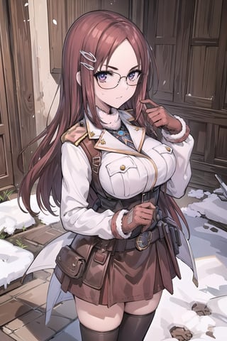 (masterpiece),illustration,8k,ray tracing,finely detailed,best detailed,Clear picture,highlight,

matrue female,milf,
tsurime eyes,
oval face,

gothic architecture,
looking at viewer,
medium breasts,

Minerva_Victor, forehead, red_hair, long_hair, very_long_hair, glasses, hair_clip, cowboy shot, white military_uniform, Winter_Clothing, long sleeves, thighhighs, fur, armor, single pauldron,fingerless gloves, skirt, Lean forward, hands placed on the back,