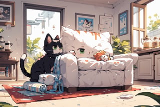 In the corner of the room, a sleek black cat with piercing green eyes lounges lazily on the windowsill, basking in the warm sunlight. Suddenly, a loud crash echoes through the house, causing the cat to jolt awake. Its tail fluffs up in alarm, and it quickly scans the room with wide eyes, ears twitching nervously. With a low growl, it crouches down, ready to pounce at the slightest sign of danger. As the noise subsides, the cat relaxes slightly, but its cautious gaze remains fixed on the source of the disturbance, ready to defend its territory at a moment's notice.,best quality