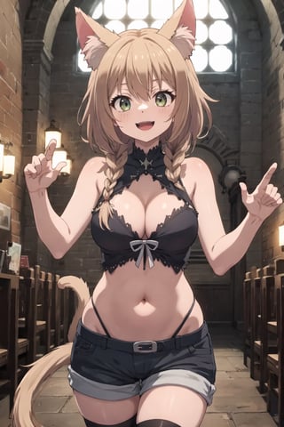 (masterpiece),illustration,8k,ray tracing,finely detailed,best detailed,Clear picture,highlight,

matrue female,milf,
tsurime eyes,
oval face,

gothic architecture,
looking at viewer,

Mireiyu, cat ear, :D, neckline, smile, open mouth,
Mireiyu's clothes, neckline, braid, navel,
Mireiyu's shorts, navel,