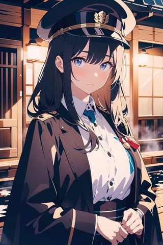 (masterpiece), best quality, high resolution, highly detailed, detailed background,

1girl,
white collared shirt,
black hair,very long hair,
onsen,black military cap,black coat,black cloak,
long sleeves,oval face,
solo,