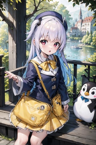 masterpiece,illustration,ray tracing,finely detailed,best detailed,Clear picture,intricate details,highlight,
anime,
gothic architecture,
looking at viewer,
nature,gothic architecture,bird,the lakeside in the heart of the forest,the staircase of the balcony,

NikkeRei,
1girl,upper body,loli,baby,long hair,hat,
yellow bow,yellow bag,
skirt,
NikkePenguin,Penguin,
sitting,best quality