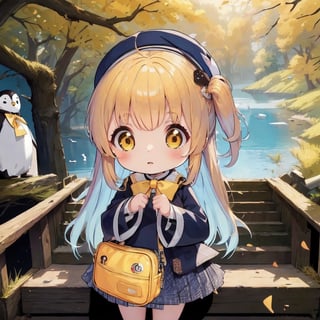 masterpiece,illustration,ray tracing,finely detailed,best detailed,Clear picture,intricate details,highlight,
anime,
gothic architecture,
looking at viewer,
nature,gothic architecture,bird,the lakeside in the heart of the forest,the staircase of the balcony,

NikkeRei,
1girl,upper body,loli,baby,long hair,hat,
yellow bow,yellow bag,
skirt,
NikkePenguin,Penguin,
sitting,Chibi