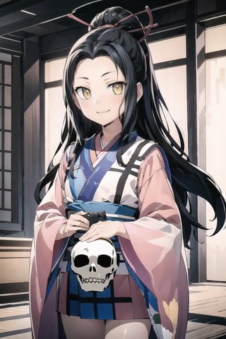 // define,
(masterpiece),illustration,8k,ray tracing,best detailed,Clear picture,highlight,

// character,
Kyoukotsu's_daughter, black hair, long hair, wave hair,yellow eyes, cowboy shot,kimono,forehead,Grinning,
looking at viewer,
skull,
bisyoujo,lady,
tsurime eyes,
oval face,

// other,
cowboy shot,

// background,
japan architecture,
looking at viewer,YayaNanto