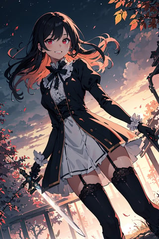 4k, high quality, masterpiece, beautiflu girl, (princess knight)++, black hair, red eyes, long sleeves, (holding western sword)++, rainny background, fantasy, impish grin, dutch angle, outside, nature, leaves in wind, white gloves, outdoors, not expression, wind+, thighhighs under boots, lace trim, ero, dress with slit, long hair, cool beauty, night background 