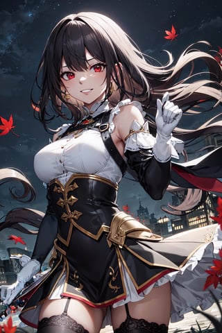 4k, high quality, masterpiece, beautiflu girl, (princess knight)++, black hair, red eyes, long sleeves, (holding western sword)++, rainny background, fantasy, impish grin, dutch angle, outside, nature, leaves in wind, white gloves, outdoors, not expression, wind+, thighhighs under boots, lace trim, ero, dress with slit, long hair, cool beauty, night background 