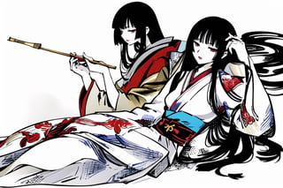masterpiece, 1girl, oriental style, long hands,
(white background:1.5),
simple background,
mature female,
kimono,Holding a smoking pipe,
lying,on back,masterpiece,
line anime,fujimotostyle,
Black and white comic style,