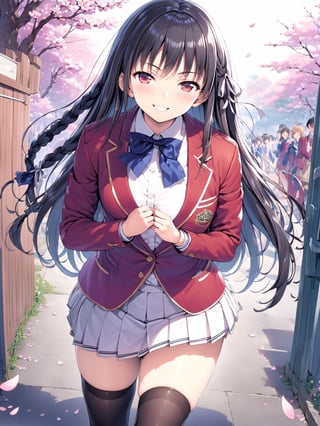 //Quality,
masterpiece, best quality, detailed
,//Character,
,HorikitaSuzune, 1girl, solo, long hair, black hair, shiny hair, red eyes, bangs, braid
,//Fashion,
school uniform, red jacket, hair ribbon, white shirt, pleated skirt, thighhighs
,//Background,
Cherry blossoms, school gate
,//Others,
graduation, smile