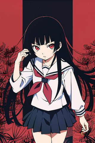 Enma Ai, 1girl, long hair, solo, flower, black hair, red eyes, spider lily, hime cut, school uniform, serafuku, black serafuku, skirt,looking at viewer,