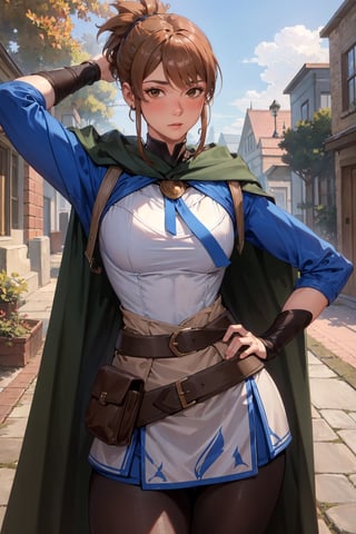 (masterpiece, best quality, ultra-detailed, 8K),High detailed, blush,slim waist,thic hips,pink lips,
dotamarci,marci,
bangs,brown hair,(brown eyes:1.5) ponytail,short ponytail, belt, cape, armor, cloak, pouch, brown belt, belt pouch, looking at viewer,outdoors,
hand behind head,