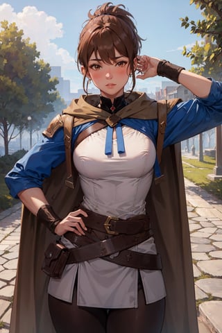 (masterpiece, best quality, ultra-detailed, 8K),High detailed, blush,slim waist,thic hips,pink lips,
dotamarci,marci,
bangs,brown hair,(brown eyes:1.5) ponytail,short ponytail, belt, cape, armor, cloak, pouch, brown belt, belt pouch, looking at viewer,outdoors,
hand behind head,