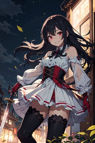 4k, high quality, masterpiece, beautiflu girl, (princess knight)++, black hair, red eyes, long sleeves, (holding western sword)++, rainny background, fantasy, impish grin, dutch angle, outside, nature, leaves in wind, white gloves, outdoors, not expression, wind+, thighhighs under boots, lace trim, ero, dress with slit, long hair, cool beauty, night background 