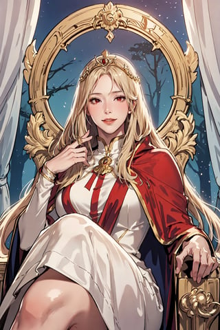 (masterpiece, best quality), 1girl, solo, (the empress:1.15), platinum blonde, long hair, (red cape), Curtain, white dress, queen dress, aurora, (sunshine, sky, river, forest), expressionless, red eyes, very long hair, (art nouveau:1.2), alphonse mucha, tiara, (face focus, upper body), sit, (red throne:1.12), tiara, crossing legs, highly intricate details, realistic light, smile