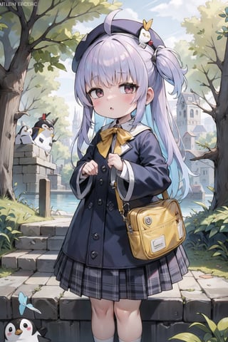 masterpiece,illustration,ray tracing,finely detailed,best detailed,Clear picture,intricate details,highlight,
anime,
gothic architecture,
looking at viewer,
nature,gothic architecture,bird,the lakeside in the heart of the forest,the staircase of the balcony,

NikkeRei,
1girl,upper body,loli,baby,long hair,hat,
yellow bow,yellow bag,
skirt,
NikkePenguin,Penguin,