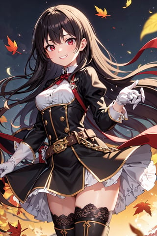 4k, high quality, masterpiece, beautiflu girl, (princess knight)++, black hair, red eyes, long sleeves, (holding western sword)++, rainny background, fantasy, impish grin, dutch angle, outside, nature, leaves in wind, white gloves, outdoors, not expression, wind+, thighhighs under boots, lace trim, ero, dress with slit, long hair, cool beauty, night background 