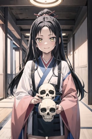 // define,
(masterpiece),illustration,8k,ray tracing,best detailed,Clear picture,highlight,

// character,
Kyoukotsu's_daughter, black hair, long hair, wave hair,yellow eyes, cowboy shot,kimono,forehead,Grinning,
looking at viewer,
skull,
bisyoujo,lady,
tsurime eyes,
oval face,

// other,
cowboy shot,

// background,
japan architecture,
looking at viewer,YayaNanto