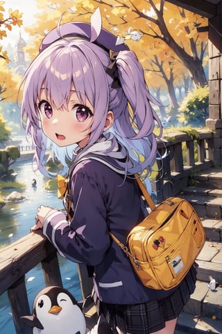 masterpiece,illustration,ray tracing,finely detailed,best detailed,Clear picture,intricate details,highlight,
anime,
gothic architecture,
looking at viewer,

nature,gothic architecture,bird,the lakeside in the heart of the forest,the staircase of the balcony,

NikkeRei,
1girl,loli,baby,long hair,hat,light purple hair,
yellow bow,yellow bag,skirt,upper body,
NikkePenguin,Penguin,