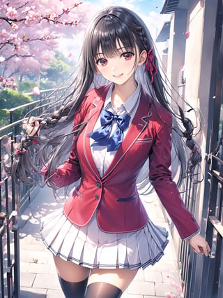 //Quality,
masterpiece, best quality, detailed
,//Character,
,HorikitaSuzune, 1girl, solo, long hair, black hair, shiny hair, red eyes, bangs, braid
,//Fashion,
school uniform, red jacket, hair ribbon, white shirt, pleated skirt, thighhighs
,//Background,
Cherry blossoms, school gate, the staircase of the balcony,

,//Others,
graduation, smile